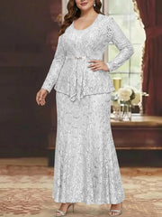 A-Line/Princess 2 Pieces Scoop Lace Plus Size Mother of the Bride Dresses with Jacket Long Sleeves Ankle-Length