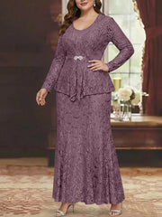 A Line Princess 2 Pieces Scoop Lace Plus Size Mother Of The Bride Dresses With Jacket Long Sleeves Ankle Length