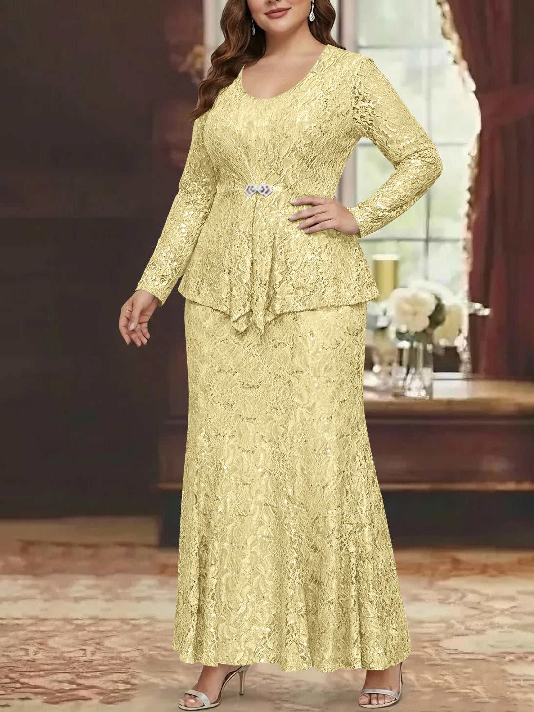 A Line Princess 2 Pieces Scoop Lace Plus Size Mother Of The Bride Dresses With Jacket Long Sleeves Ankle Length