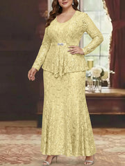 A-Line/Princess 2 Pieces Scoop Lace Plus Size Mother of the Bride Dresses with Jacket Long Sleeves Ankle-Length