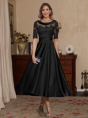 A Line Princess Scoop Satin Mother Of The Bride Dresses Lace Half Sleeves Tea Length