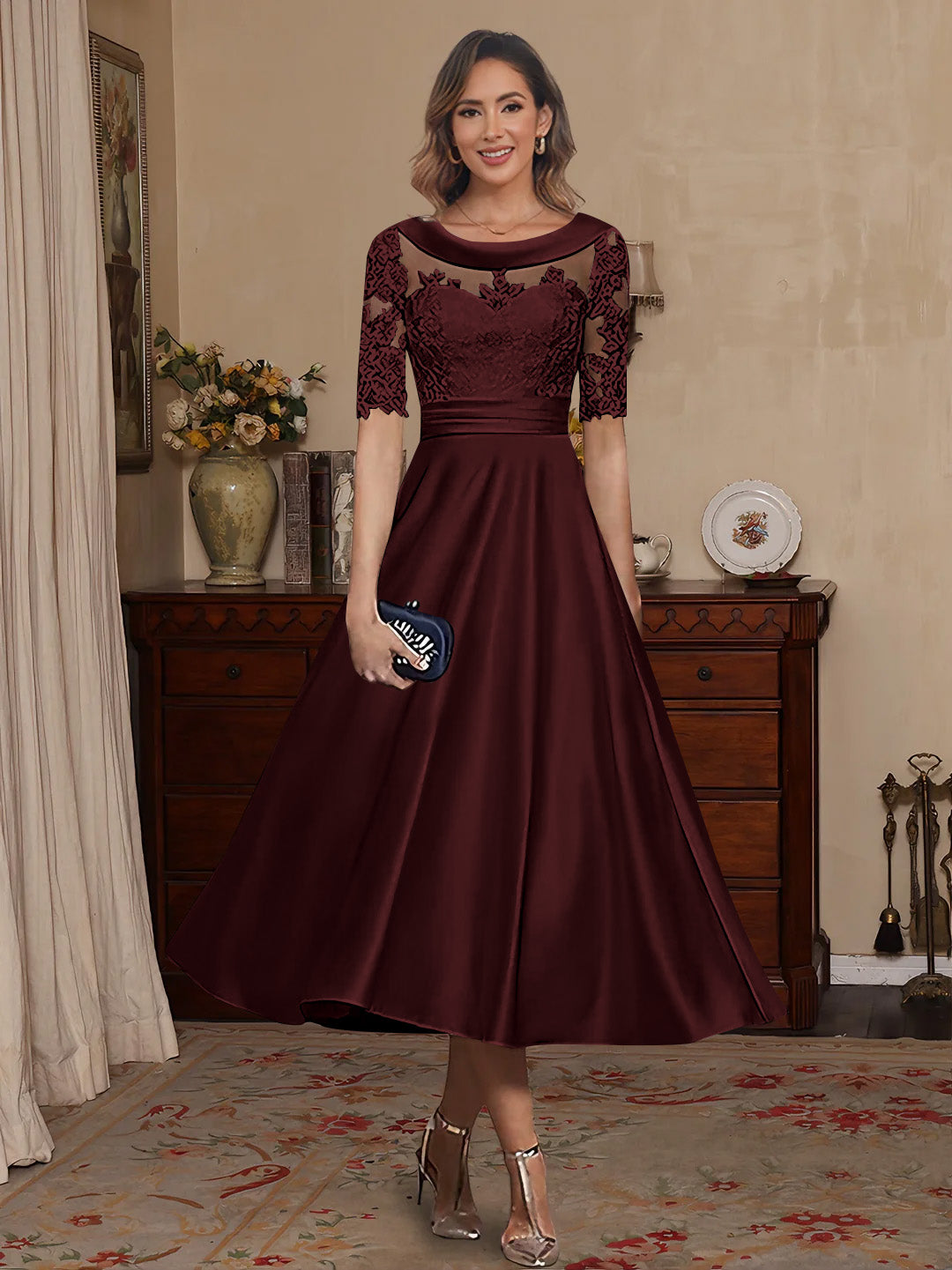 A Line Princess Scoop Satin Mother Of The Bride Dresses Lace Half Sleeves Tea Length