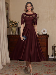 A-Line/Princess Scoop Satin Mother of the Bride Dresses Lace Half Sleeves Tea-Length