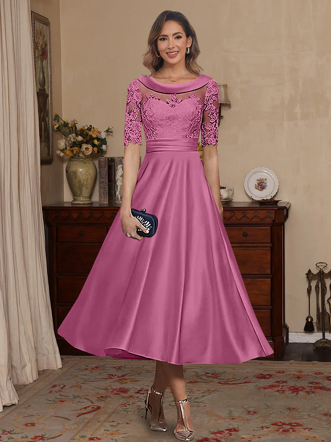 A Line Princess Scoop Satin Mother Of The Bride Dresses Lace Half Sleeves Tea Length