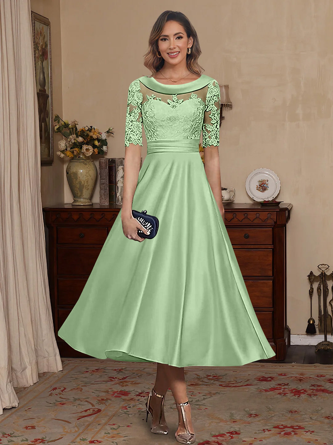A Line Princess Scoop Satin Mother Of The Bride Dresses Lace Half Sleeves Tea Length