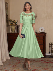 A Line Princess Scoop Satin Mother Of The Bride Dresses Lace Half Sleeves Tea Length