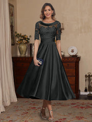 A Line Princess Scoop Satin Mother Of The Bride Dresses Lace Half Sleeves Tea Length