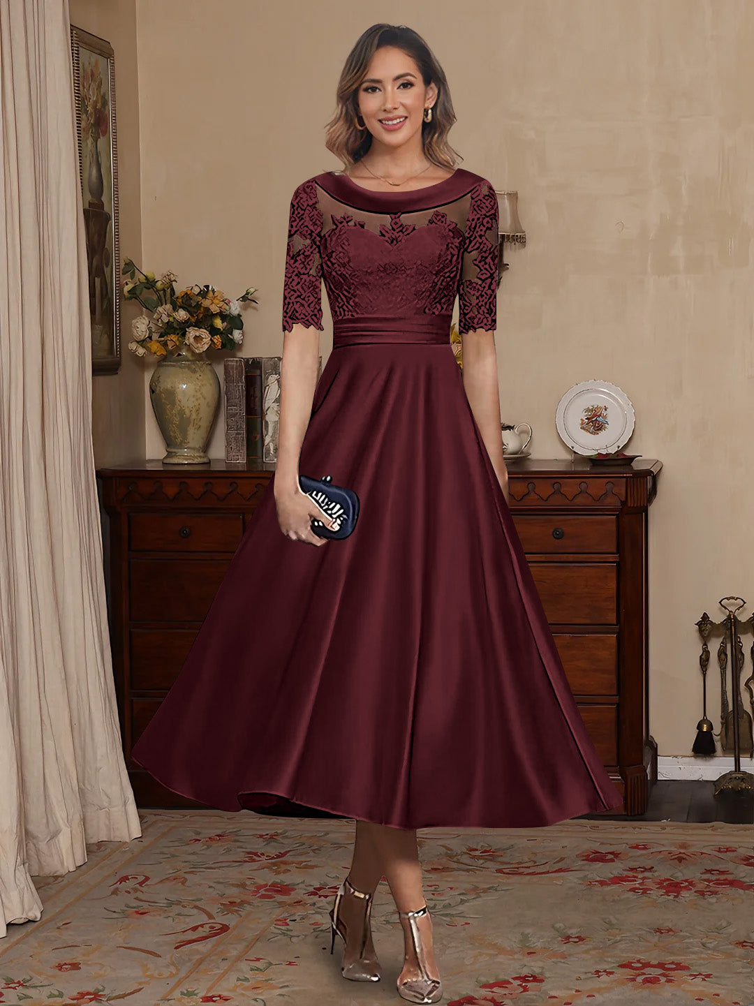 A Line Princess Scoop Satin Mother Of The Bride Dresses Lace Half Sleeves Tea Length