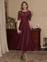 A-Line/Princess Scoop Satin Mother of the Bride Dresses Lace Half Sleeves Tea-Length