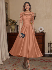 A Line Princess Scoop Satin Mother Of The Bride Dresses Lace Half Sleeves Tea Length