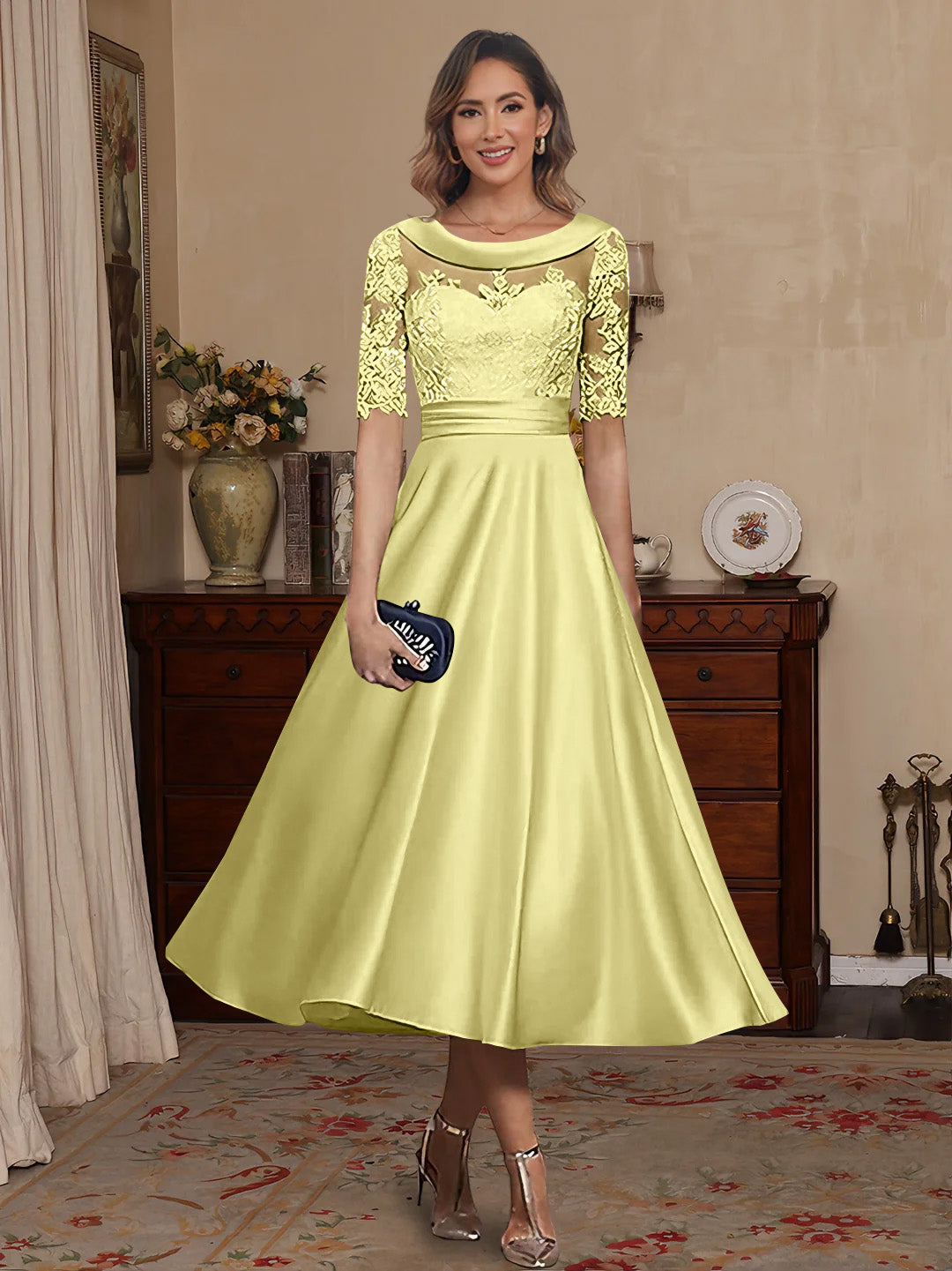 A Line Princess Scoop Satin Mother Of The Bride Dresses Lace Half Sleeves Tea Length