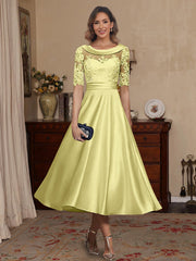 A Line Princess Scoop Satin Mother Of The Bride Dresses Lace Half Sleeves Tea Length