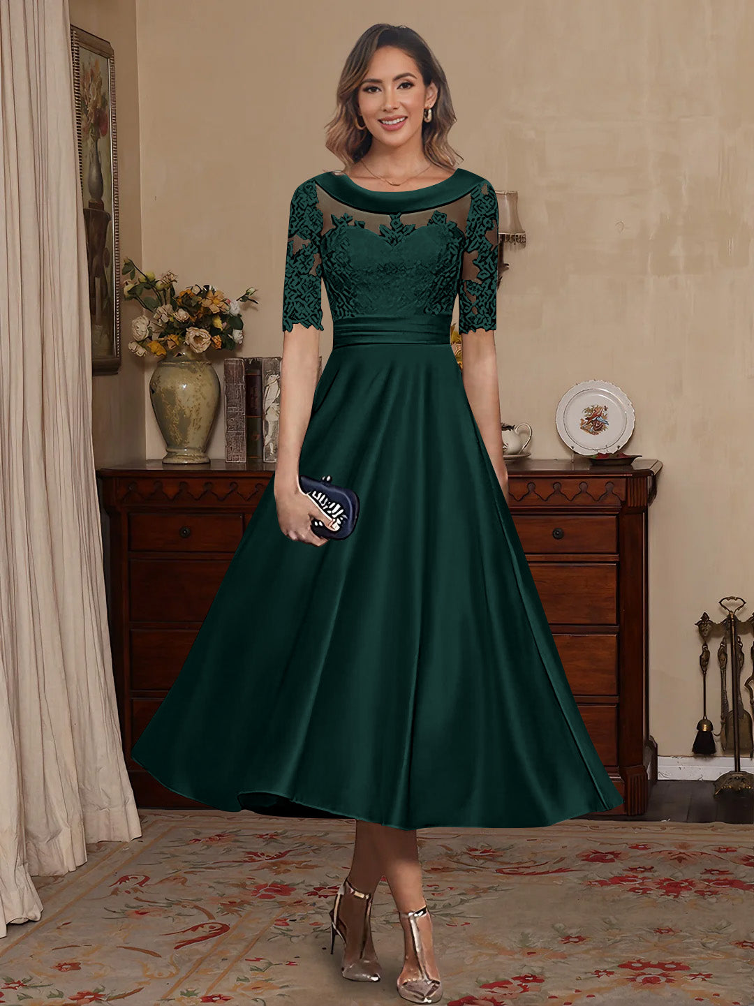 A Line Princess Scoop Satin Mother Of The Bride Dresses Lace Half Sleeves Tea Length