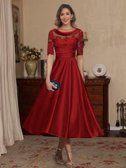 A Line Princess Scoop Satin Mother Of The Bride Dresses Lace Half Sleeves Tea Length