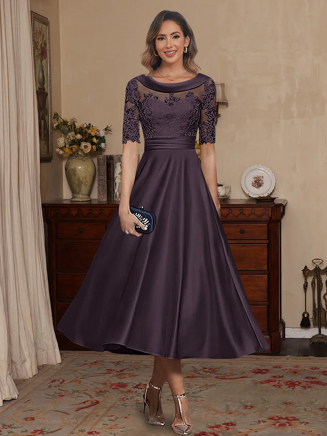 A Line Princess Scoop Satin Mother Of The Bride Dresses Lace Half Sleeves Tea Length