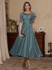 A-Line/Princess Scoop Satin Mother of the Bride Dresses Lace Half Sleeves Tea-Length