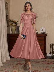 A Line Princess Scoop Satin Mother Of The Bride Dresses Lace Half Sleeves Tea Length