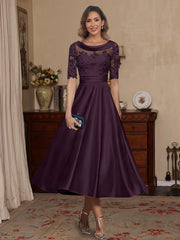 A Line Princess Scoop Satin Mother Of The Bride Dresses Lace Half Sleeves Tea Length