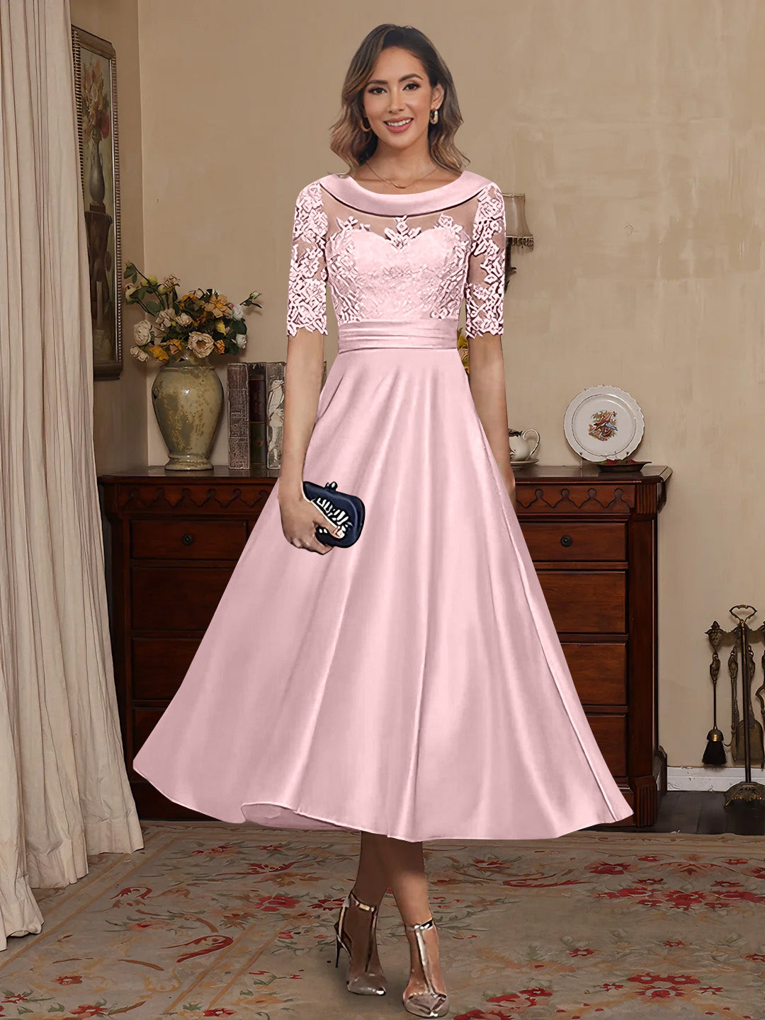 A Line Princess Scoop Satin Mother Of The Bride Dresses Lace Half Sleeves Tea Length