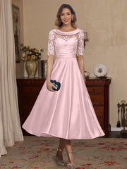 A Line Princess Scoop Satin Mother Of The Bride Dresses Lace Half Sleeves Tea Length