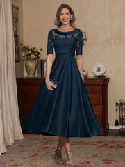 A Line Princess Scoop Satin Mother Of The Bride Dresses Lace Half Sleeves Tea Length