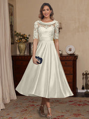 A Line Princess Scoop Satin Mother Of The Bride Dresses Lace Half Sleeves Tea Length