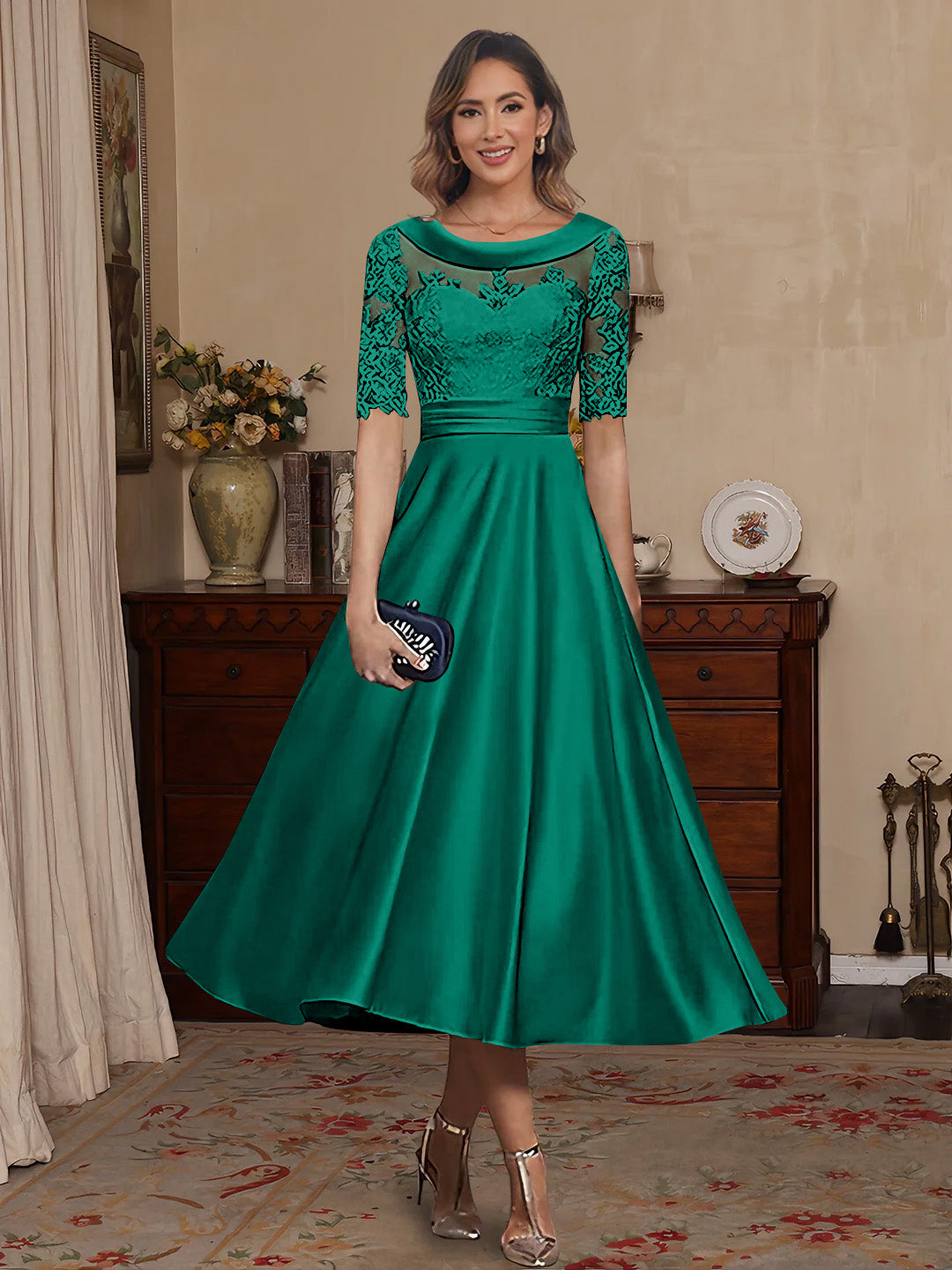 A Line Princess Scoop Satin Mother Of The Bride Dresses Lace Half Sleeves Tea Length