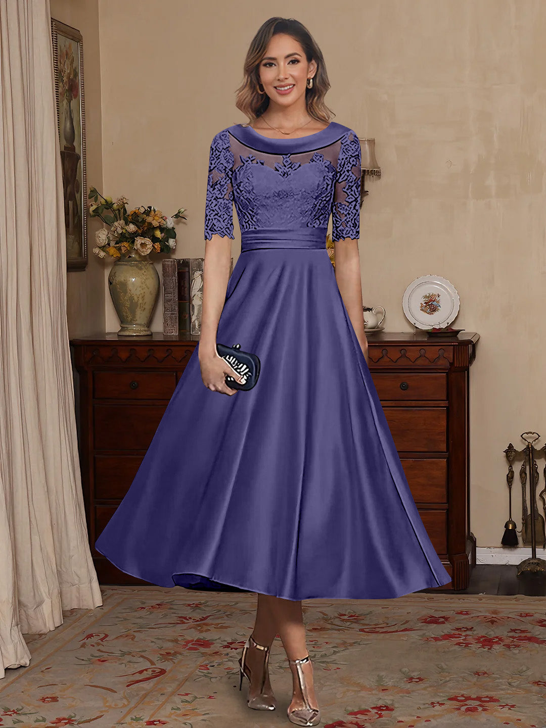 A Line Princess Scoop Satin Mother Of The Bride Dresses Lace Half Sleeves Tea Length