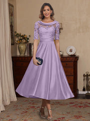 A Line Princess Scoop Satin Mother Of The Bride Dresses Lace Half Sleeves Tea Length