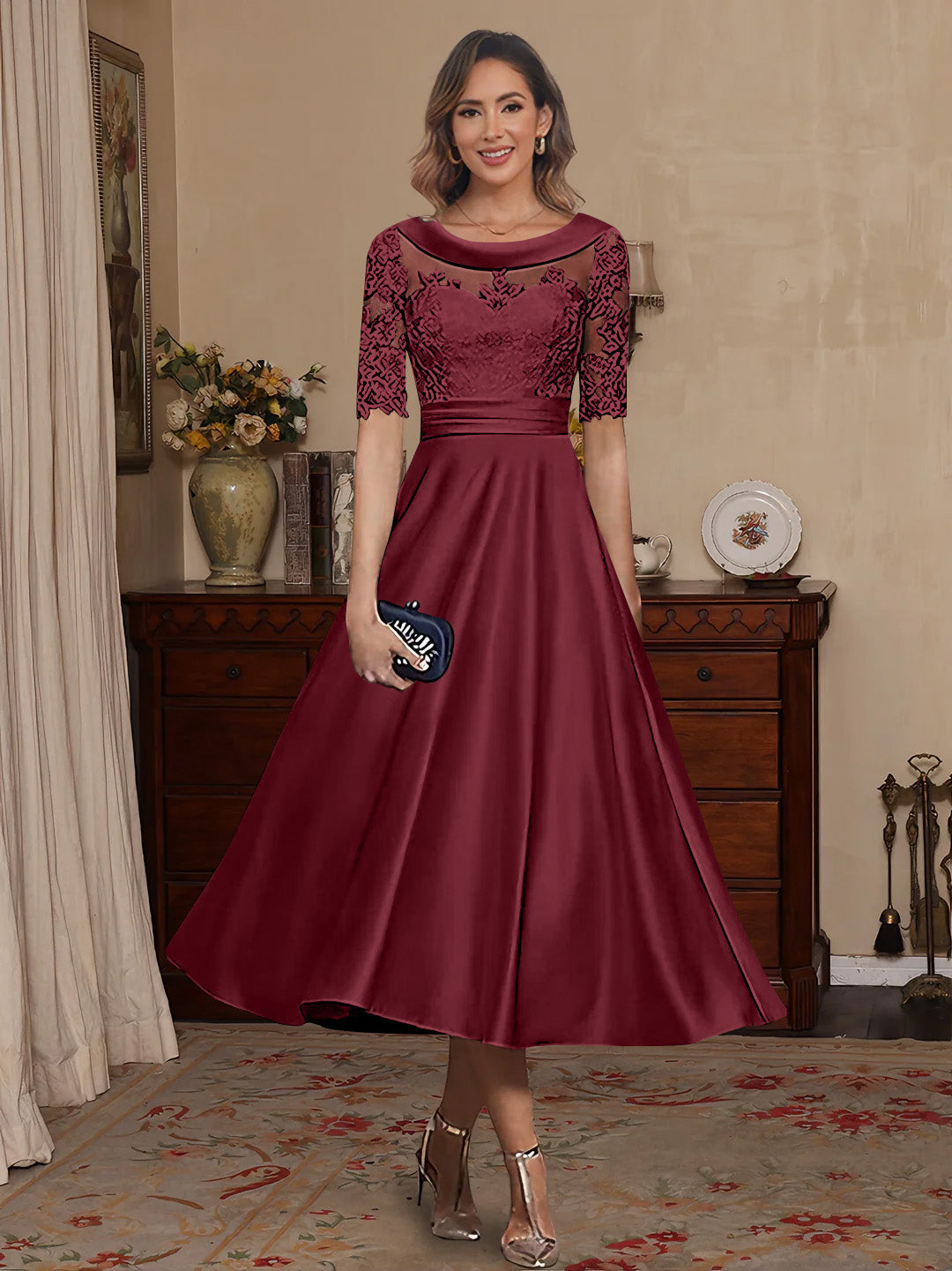 A Line Princess Scoop Satin Mother Of The Bride Dresses Lace Half Sleeves Tea Length