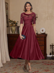 A-Line/Princess Scoop Satin Mother of the Bride Dresses Lace Half Sleeves Tea-Length