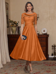A Line Princess Scoop Satin Mother Of The Bride Dresses Lace Half Sleeves Tea Length