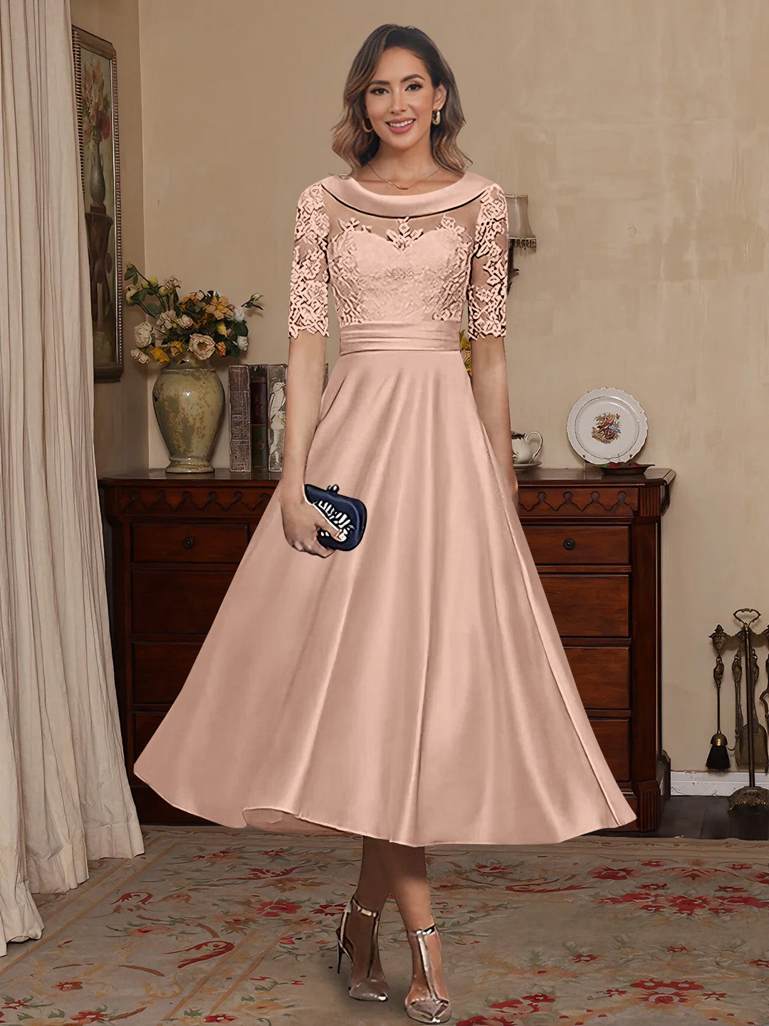A Line Princess Scoop Satin Mother Of The Bride Dresses Lace Half Sleeves Tea Length