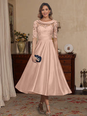 A Line Princess Scoop Satin Mother Of The Bride Dresses Lace Half Sleeves Tea Length