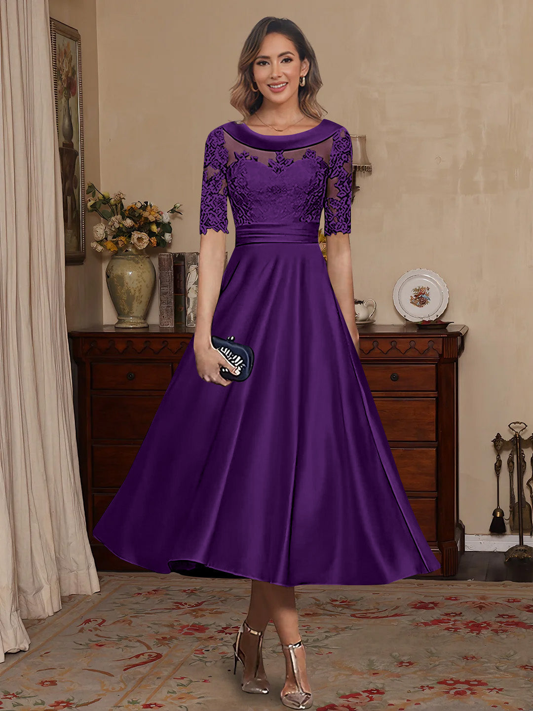 A Line Princess Scoop Satin Mother Of The Bride Dresses Lace Half Sleeves Tea Length