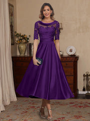 A Line Princess Scoop Satin Mother Of The Bride Dresses Lace Half Sleeves Tea Length