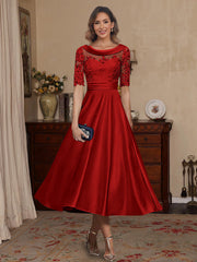 A Line Princess Scoop Satin Mother Of The Bride Dresses Lace Half Sleeves Tea Length