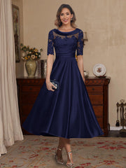 A Line Princess Scoop Satin Mother Of The Bride Dresses Lace Half Sleeves Tea Length