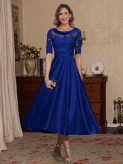 A Line Princess Scoop Satin Mother Of The Bride Dresses Lace Half Sleeves Tea Length