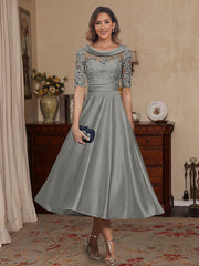 A-Line/Princess Scoop Satin Mother of the Bride Dresses Lace Half Sleeves Tea-Length