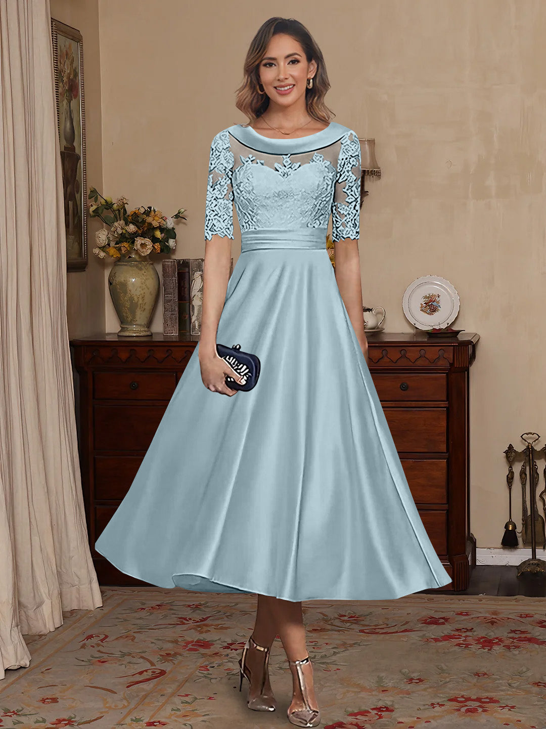 A Line Princess Scoop Satin Mother Of The Bride Dresses Lace Half Sleeves Tea Length