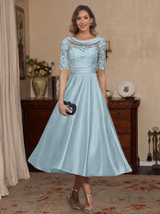 A Line Princess Scoop Satin Mother Of The Bride Dresses Lace Half Sleeves Tea Length
