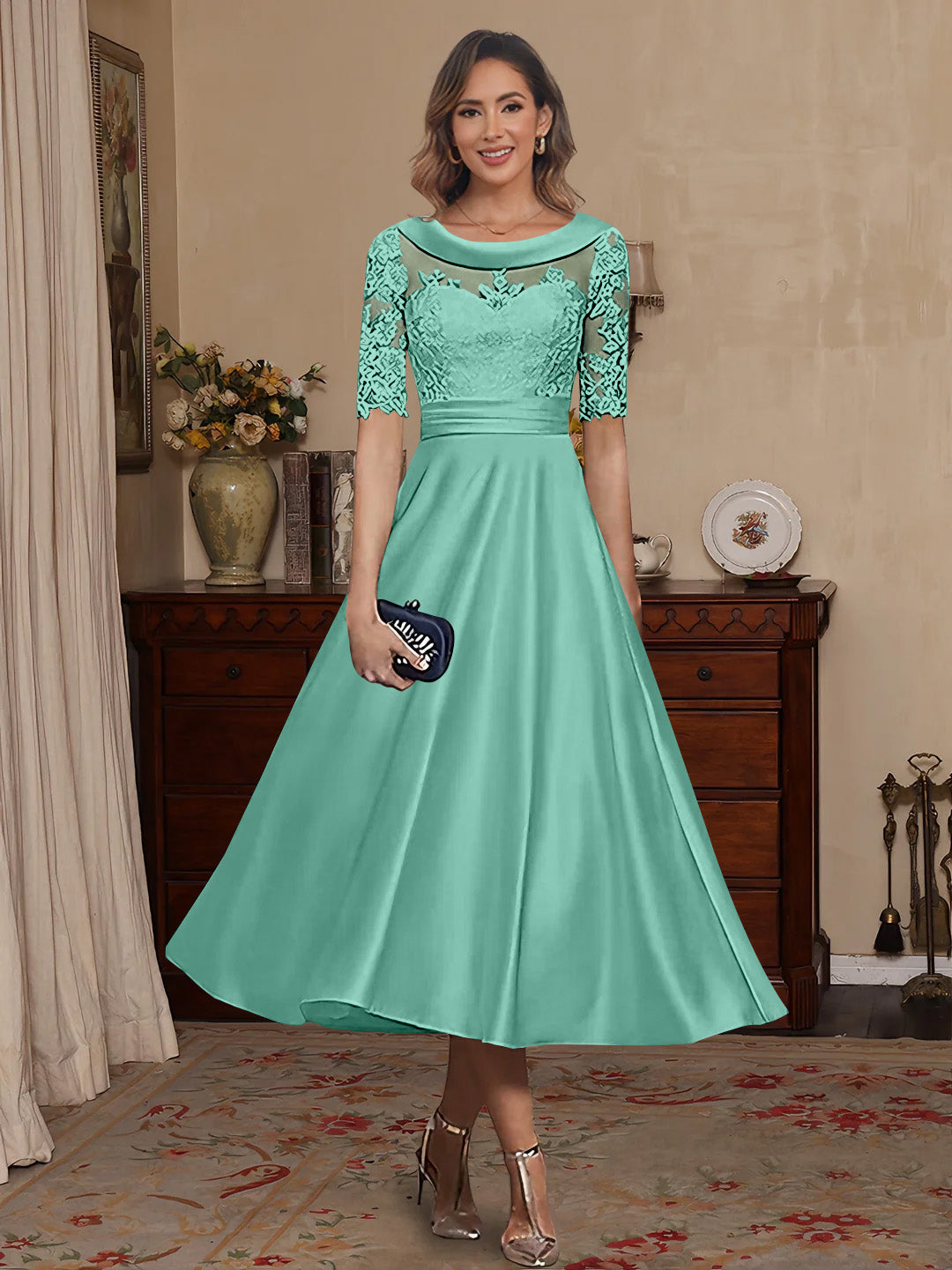 A Line Princess Scoop Satin Mother Of The Bride Dresses Lace Half Sleeves Tea Length