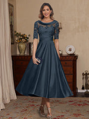 A-Line/Princess Scoop Satin Mother of the Bride Dresses Lace Half Sleeves Tea-Length