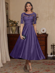 A Line Princess Scoop Satin Mother Of The Bride Dresses Lace Half Sleeves Tea Length