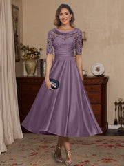A Line Princess Scoop Satin Mother Of The Bride Dresses Lace Half Sleeves Tea Length