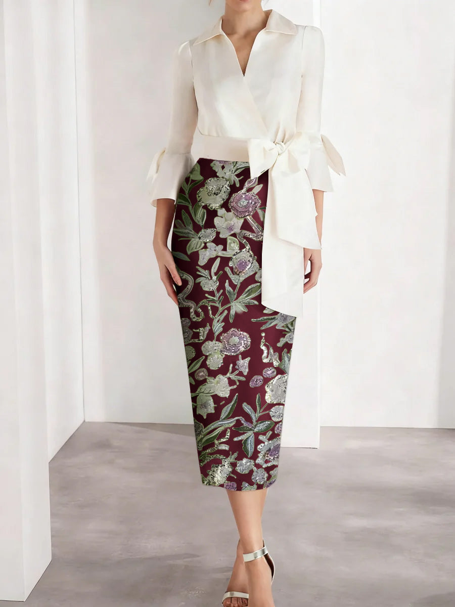 Sheath Column V Neck Satin Mother Of The Bride Dresses 3 4 Sleeves Shirt Collar Floral Tea Length Cocktail Dresses