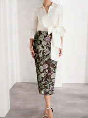 Sheath Column V Neck Satin Mother Of The Bride Dresses 3 4 Sleeves Shirt Collar Floral Tea Length Cocktail Dresses