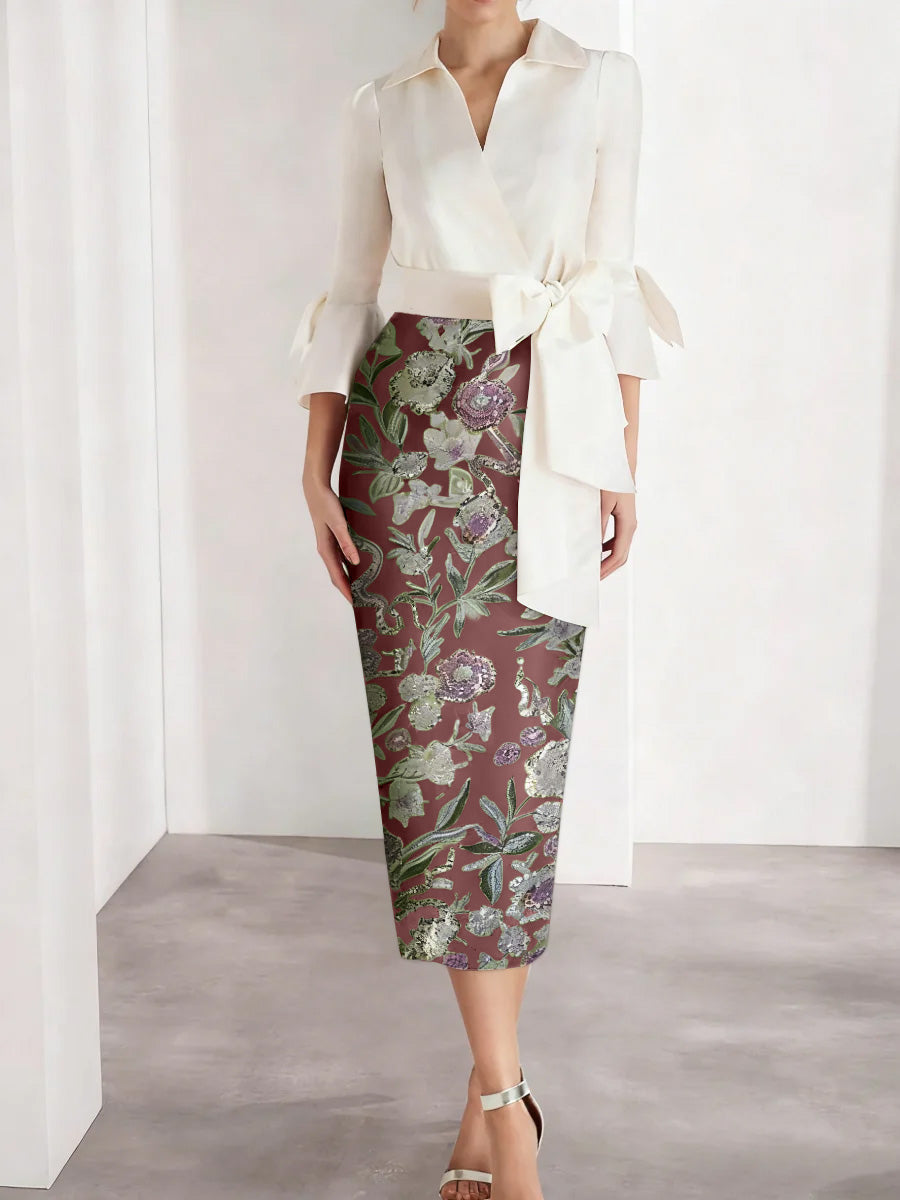 Sheath Column V Neck Satin Mother Of The Bride Dresses 3 4 Sleeves Shirt Collar Floral Tea Length Cocktail Dresses