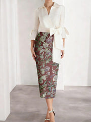 Sheath/Column V-Neck Satin Mother of the Bride Dresses 3/4 Sleeves Shirt Collar Floral Tea-Length Cocktail Dresses